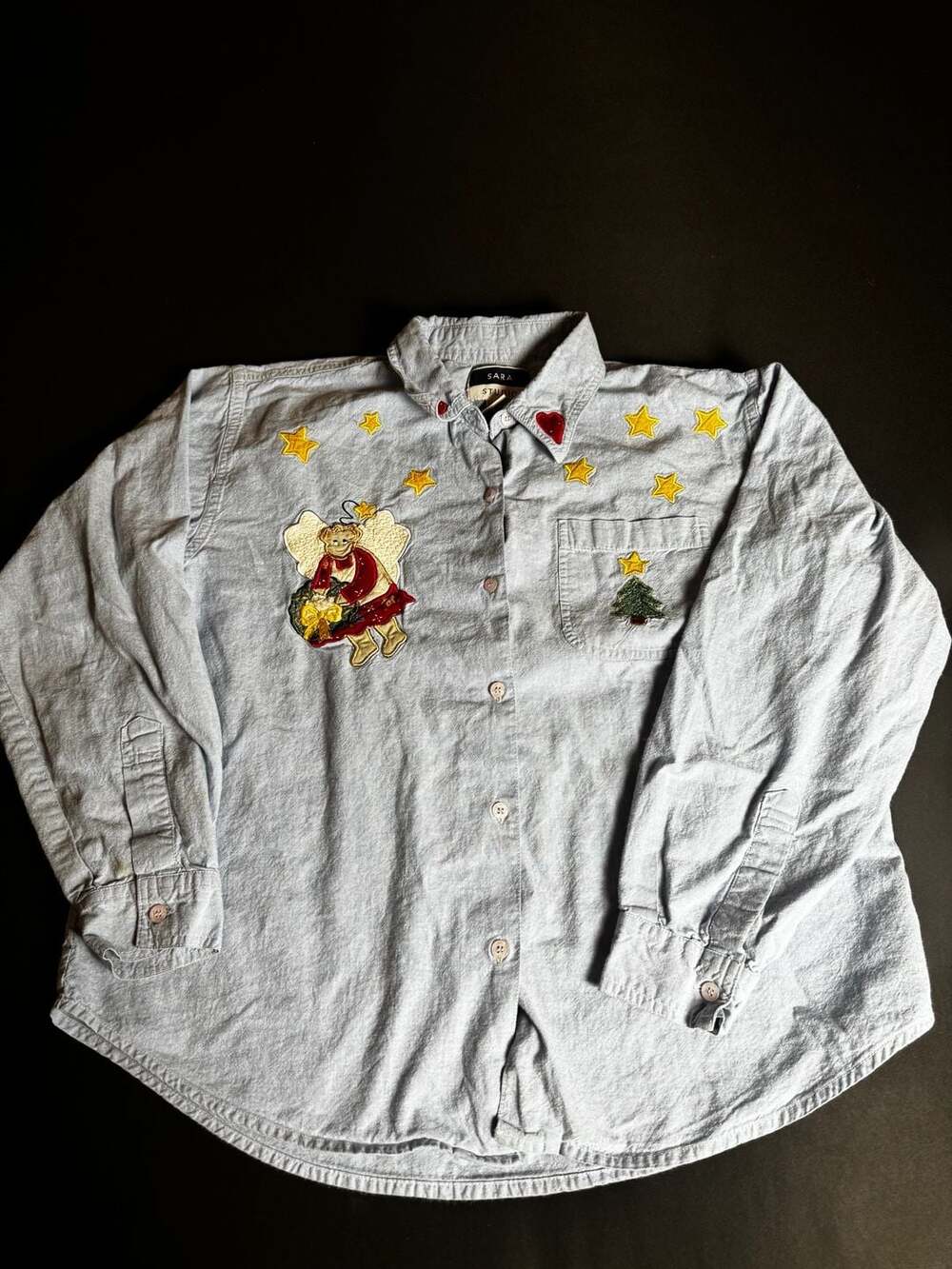 Sara Studio Vintage Christmas Angel & Stars Embroidered Chambray Button Down